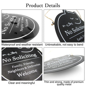 Handook cat-design no soliciting sign close-up shows durable metal finish.