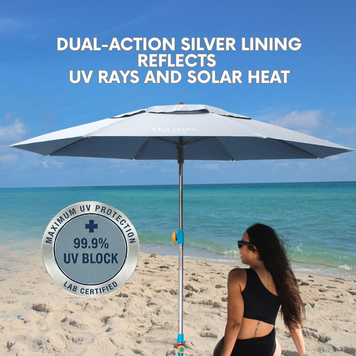 Handy Beach Goods silver-coated canopy reflects sun for cooler shade.