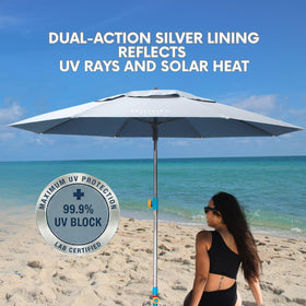 Handy Beach Goods silver-coated canopy reflects sun for cooler shade.