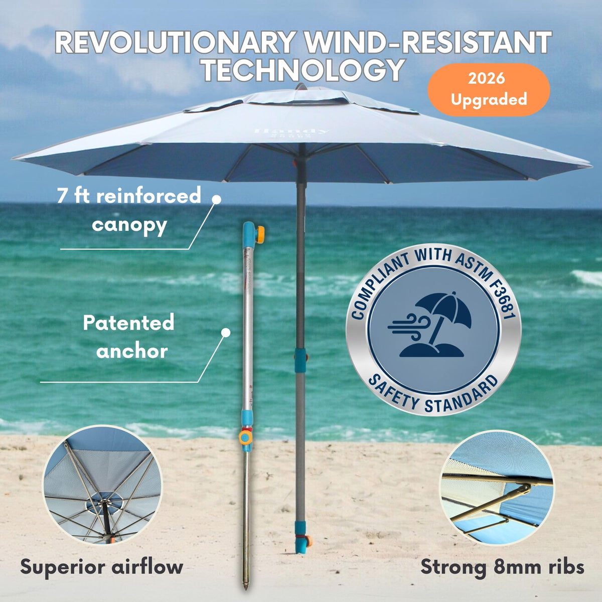 Handy Beach Goods 7ft umbrella wide shot providing broad beach coverage.