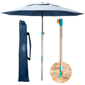 Handy Beach Goods umbrella anchor setup shows quick hammer-in deployment for shade on crowded shores.