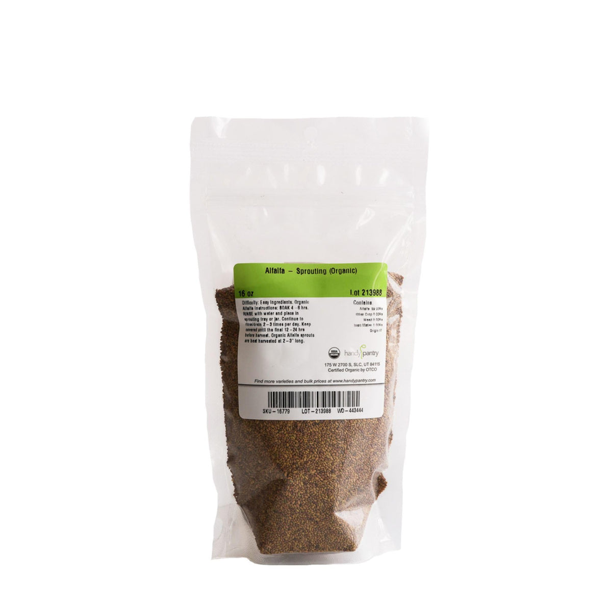 Handy Pantry alfalfa seeds pouch for long-term storage and freshness.
