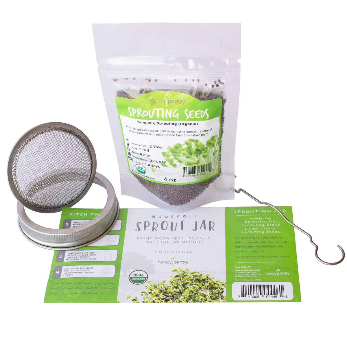 Handy Pantry broccoli sprout kit lid on a wide-mouth jar for secure, reusable sprouting.