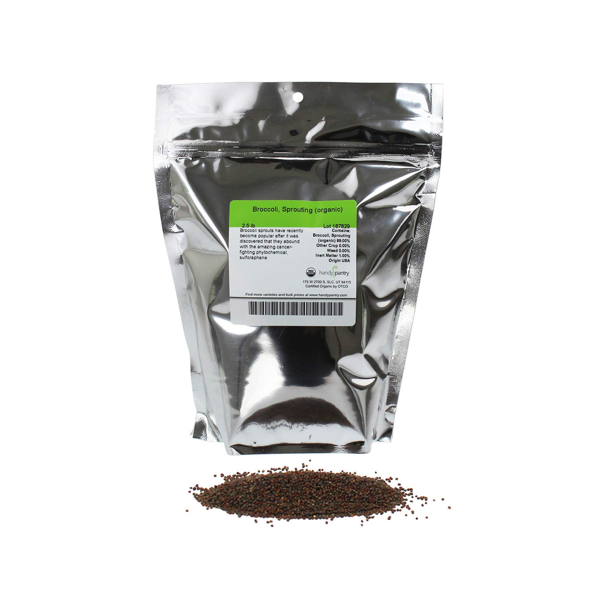 Handy Pantry organic broccoli sprouting seeds in a resealable bag for fresh home sprouts.