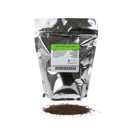 Handy Pantry organic broccoli sprouting seeds in a resealable bag for fresh home sprouts.