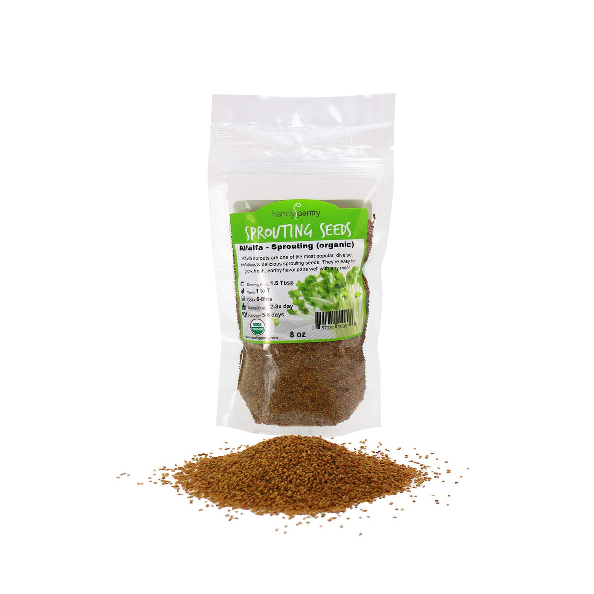 Handy Pantry organic alfalfa seeds in a resealable pouch for storage