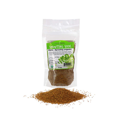 Handy Pantry organic alfalfa seeds in a resealable pouch for storage