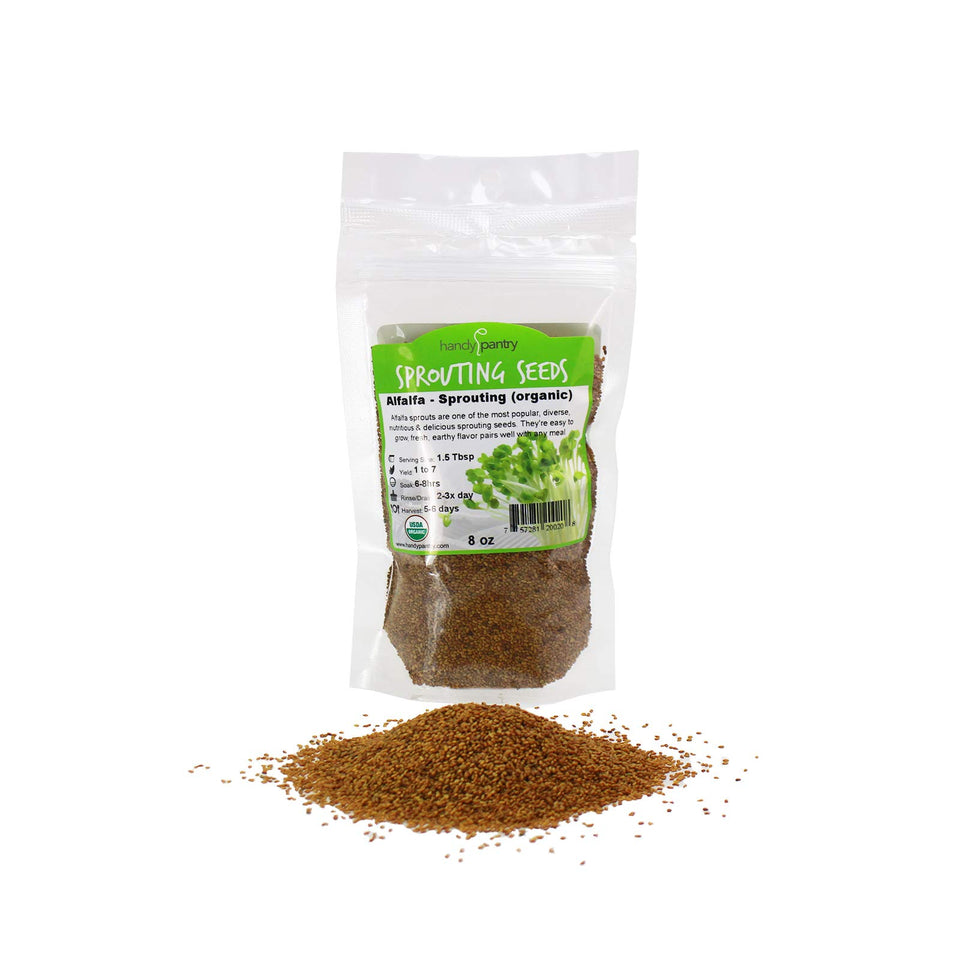 Handy Pantry organic alfalfa seeds in a resealable pouch for storage
