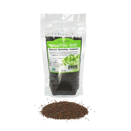 Handy Pantry Organic broccoli sprouting seeds in a resealable bag for home microgreens.