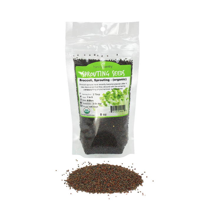 Handy Pantry Organic broccoli sprouting seeds in a resealable bag for home microgreens.