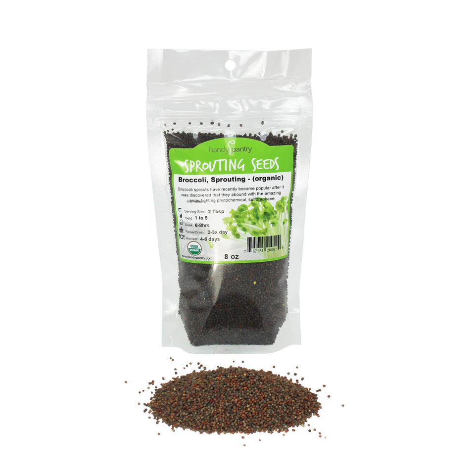 Handy Pantry Organic broccoli sprouting seeds in a resealable bag for home microgreens.
