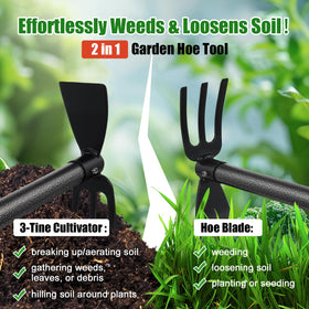 HANGMAICOME 2-in-1 tool blends weed removal and soil loosening for faster bed prep.