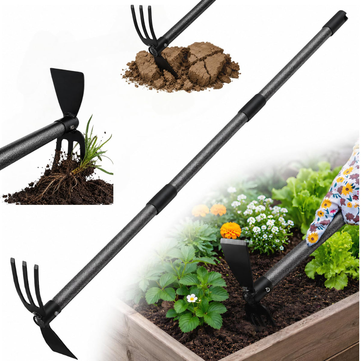 HANGMAICOME 2-in-1 garden hoe blade ready for precise weed cutting in raised beds.