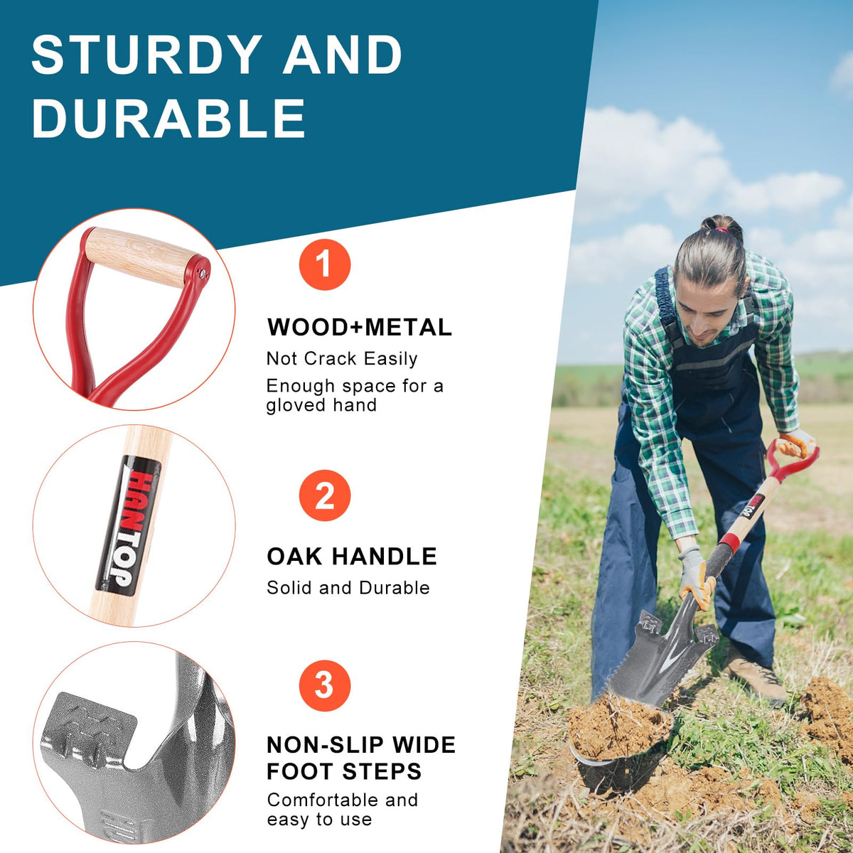 HANTOP Drain Spade wide footrests provide stable footing for powerful pushes