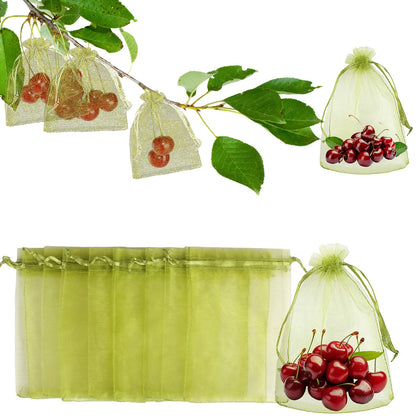HANWRAPS dual-drawstring fruit protection bag on a branch for easy closure