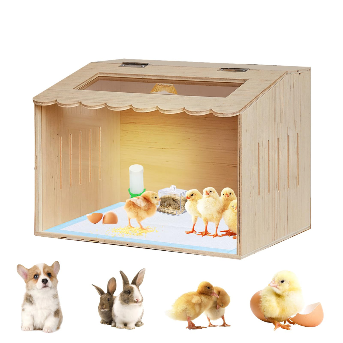 HaoCpetslian wooden brooder box with heating lamp for chicks and small pets.