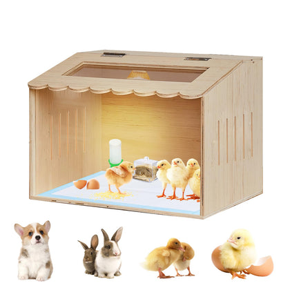 HaoCpetslian wooden brooder box with heating lamp for chicks and small pets.