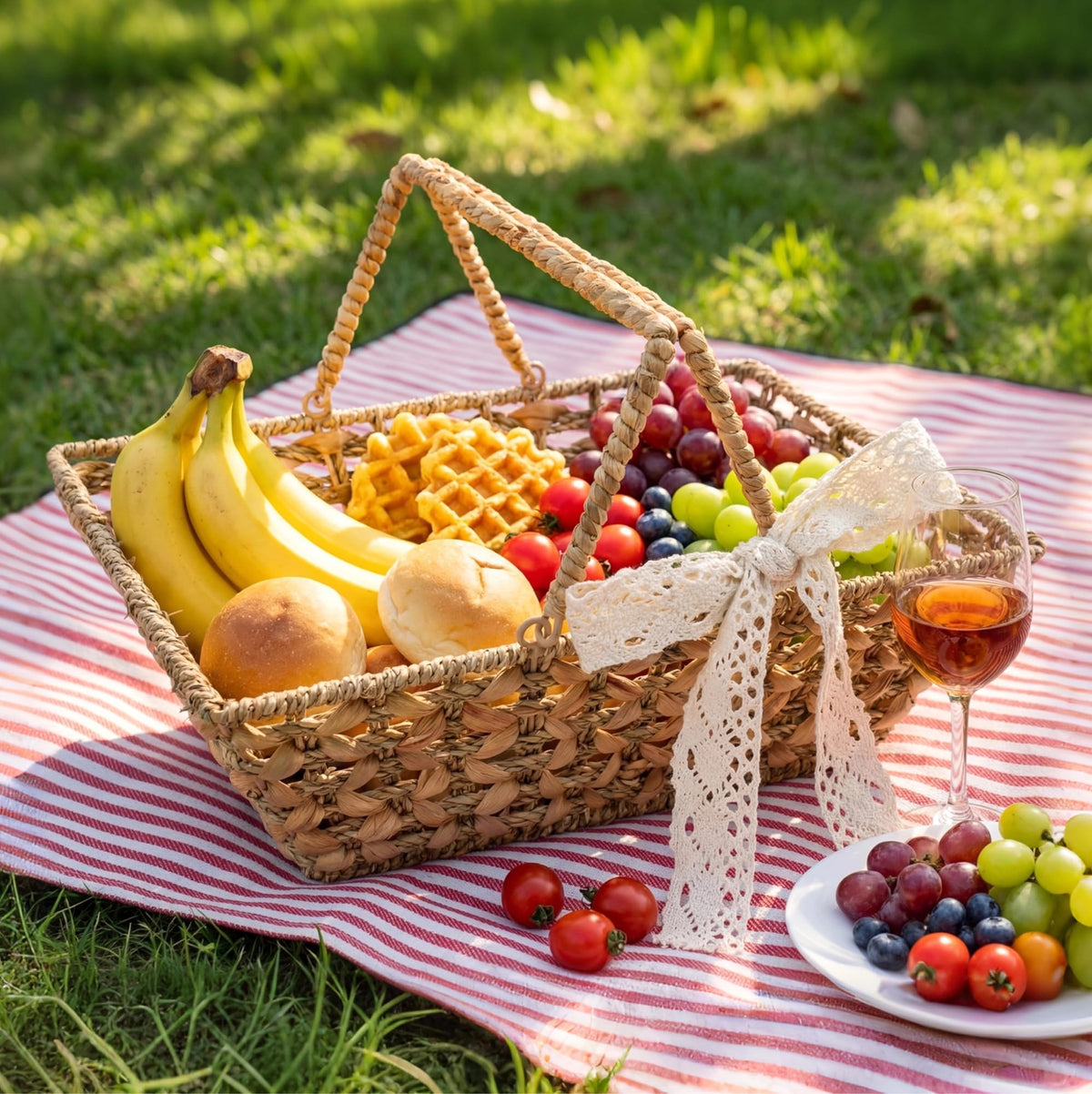 HAOPENGYOU wicker picnic basket with wooden base shows sturdy support on grass