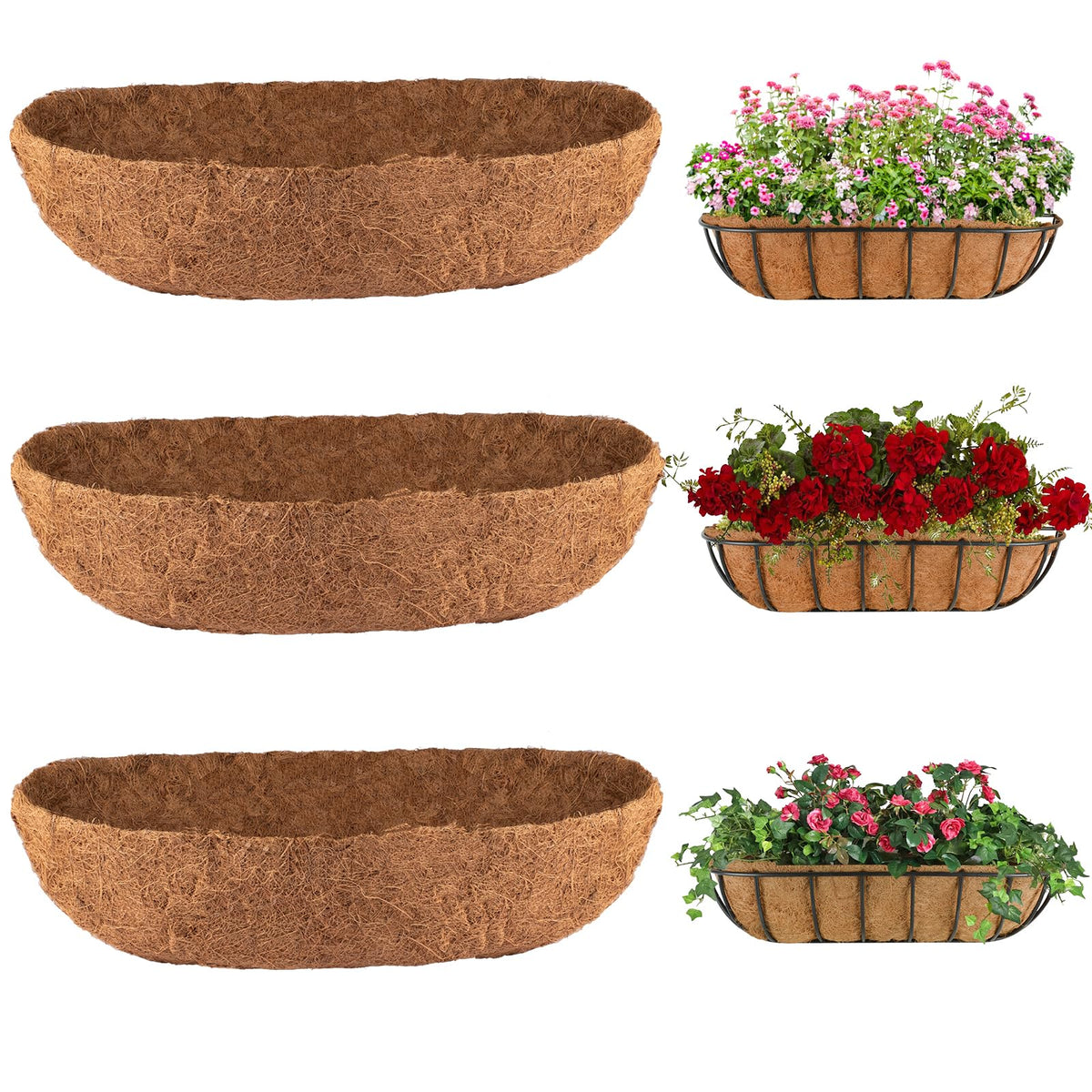 HAOVZRI 3Pcs coco coir liners fit 24-inch troughs for better drainage.