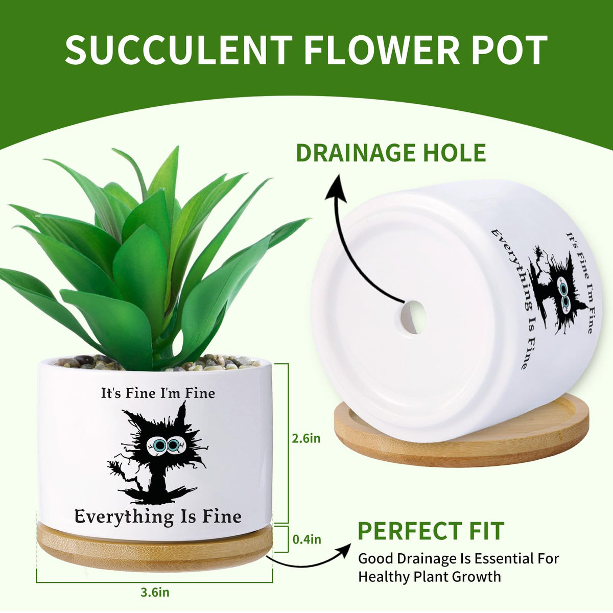 Haooxinwei black cat planter with saucer on a desk