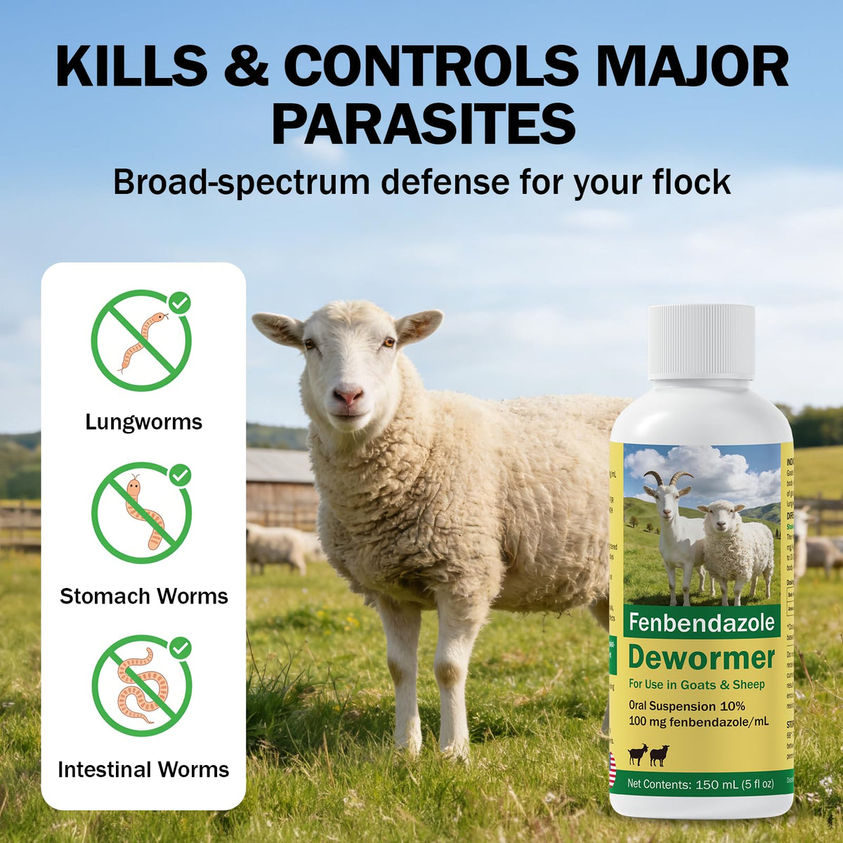 Happy Saffron Plus goat dewormer label close-up shows 10% fenbendazole