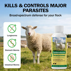 Happy Saffron Plus goat dewormer label close-up shows 10% fenbendazole