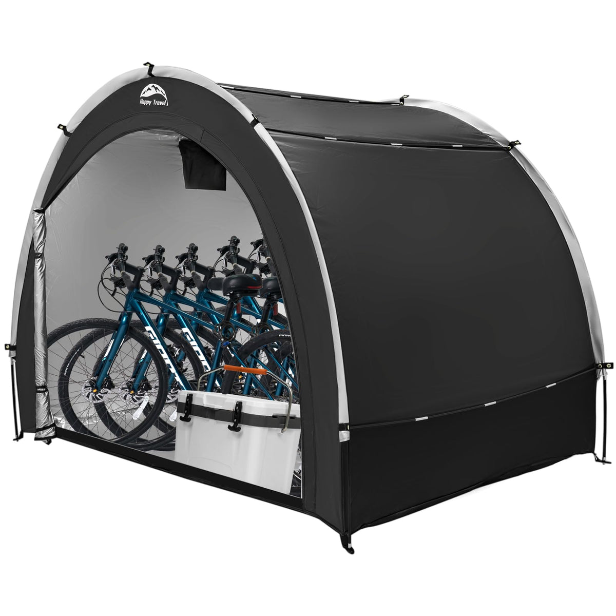 Happy Travel bike storage shed front view shows spacious entry for multiple bikes