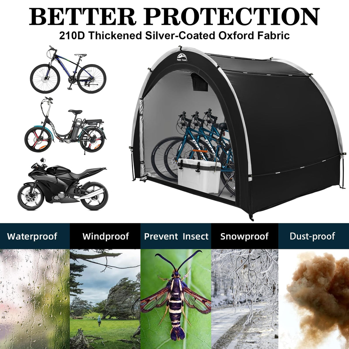 Happy Travel bike storage shed with open door demonstrates easy access