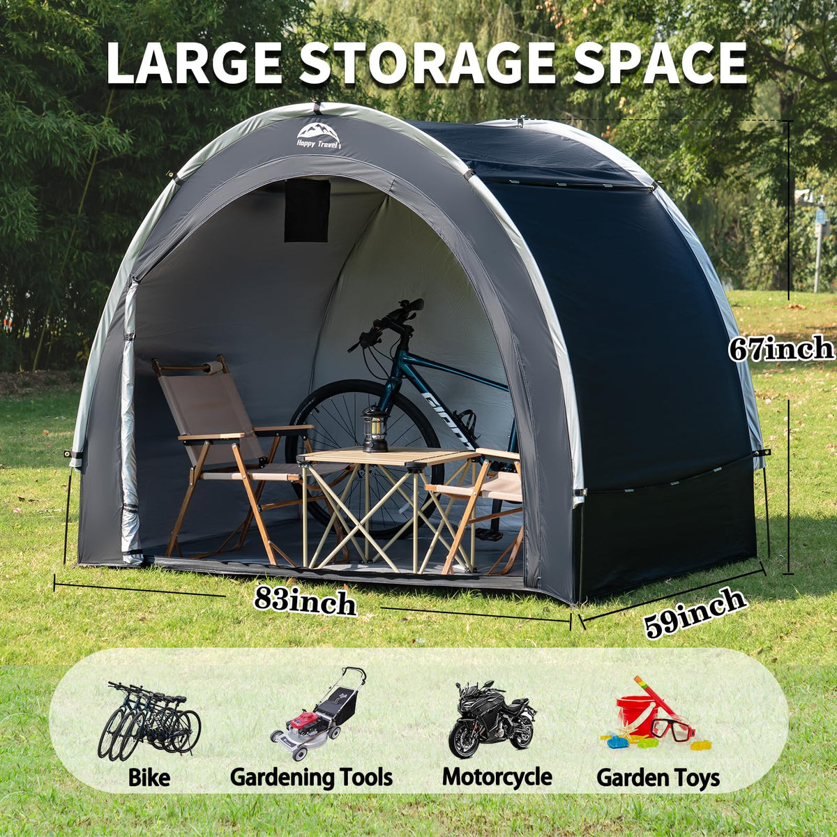Happy Travel bike storage shed side view highlights roomy interior and weather protection