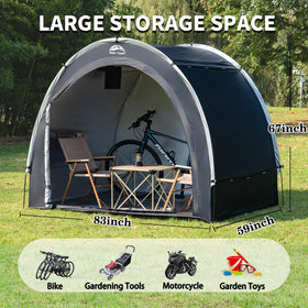 Happy Travel bike storage shed side view highlights roomy interior and weather protection