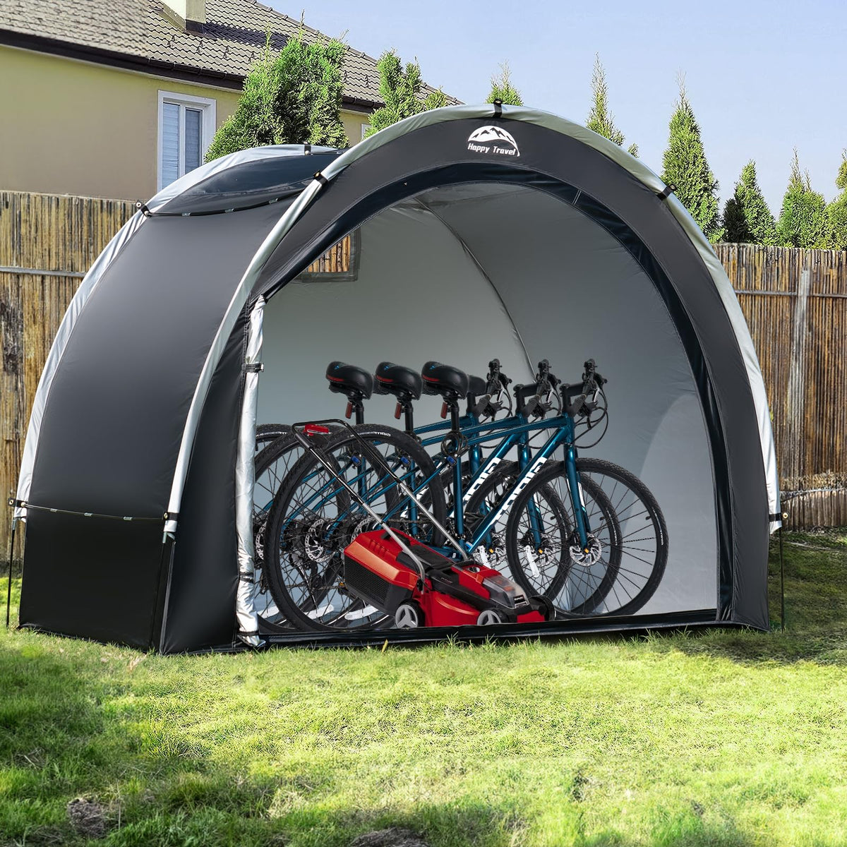 Happy Travel bike storage shed weatherproof fabric keeps bikes safe in rain