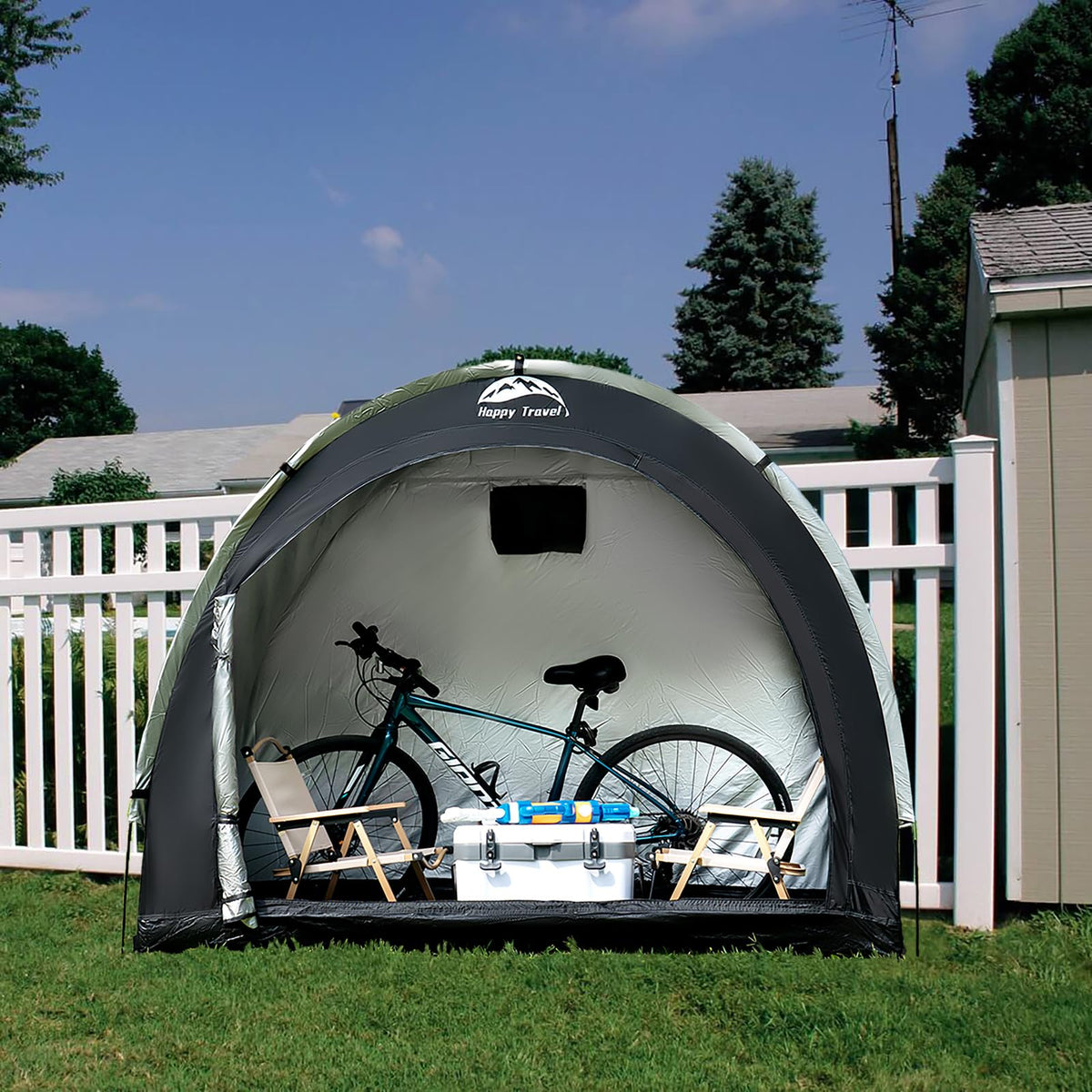 Happy Travel storage tent shows capacity to house bikes and yard equipment.