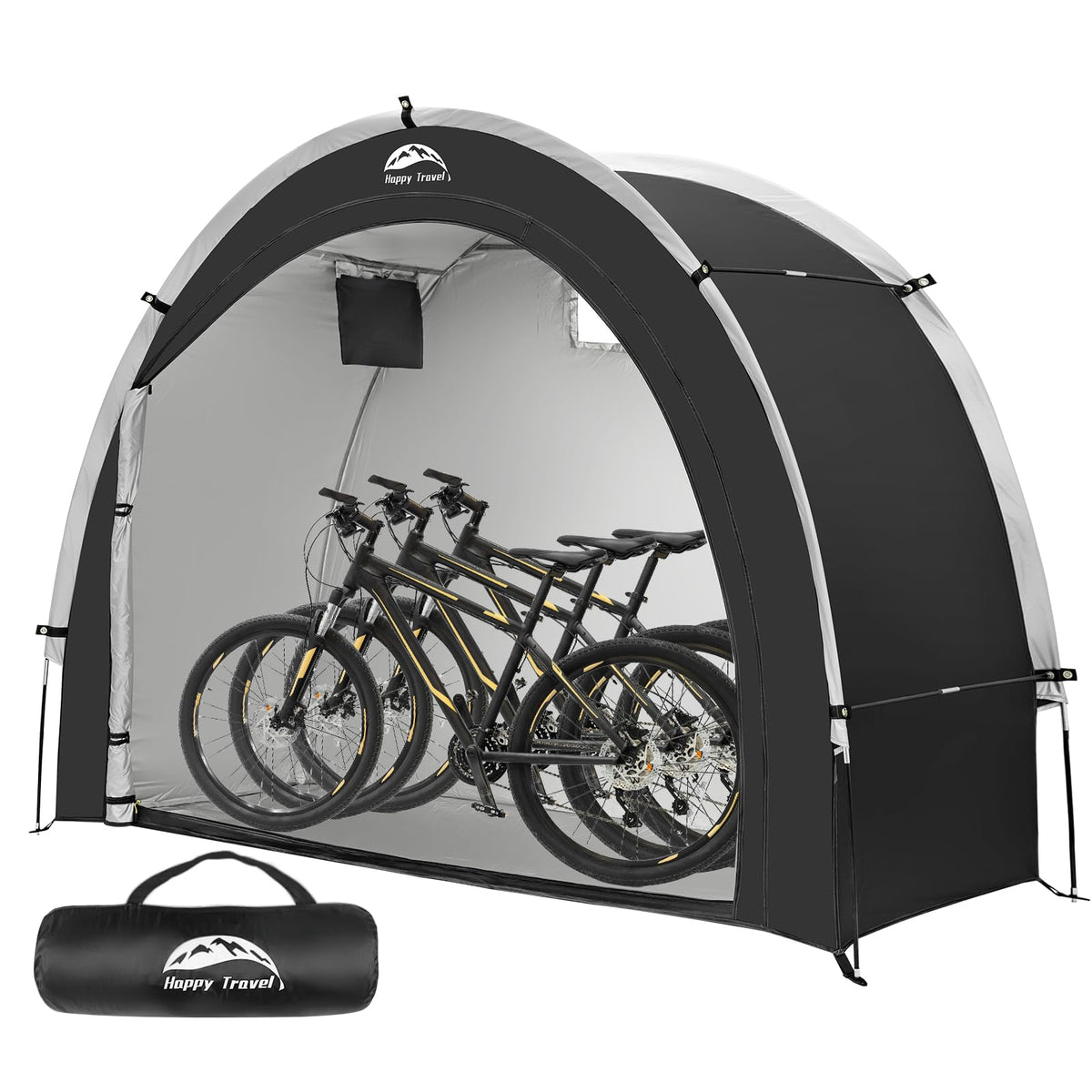 Happy Travel bike storage tent exterior shows spacious, weatherproof shelter for bikes.
