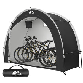 Happy Travel bike storage tent exterior shows spacious, weatherproof shelter for bikes.