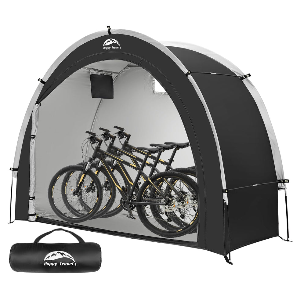 Happy Travel bike storage tent exterior shows spacious, weatherproof shelter for bikes.