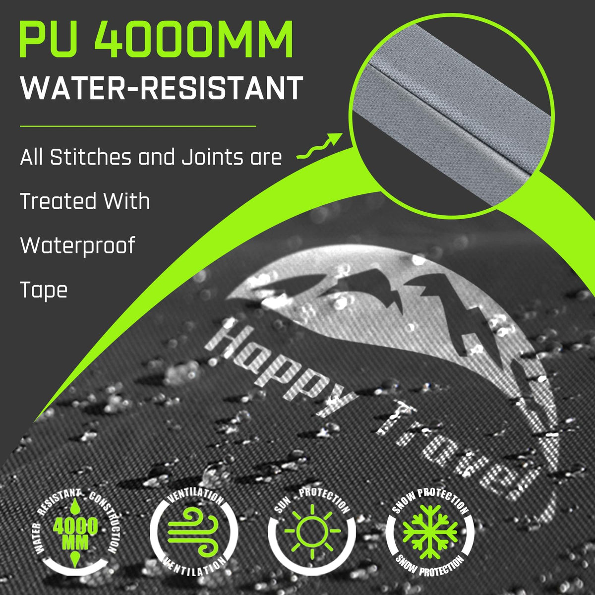 Happy Travel storage tent fabric close-up shows tear-resistant 210D material and waterproof coating.