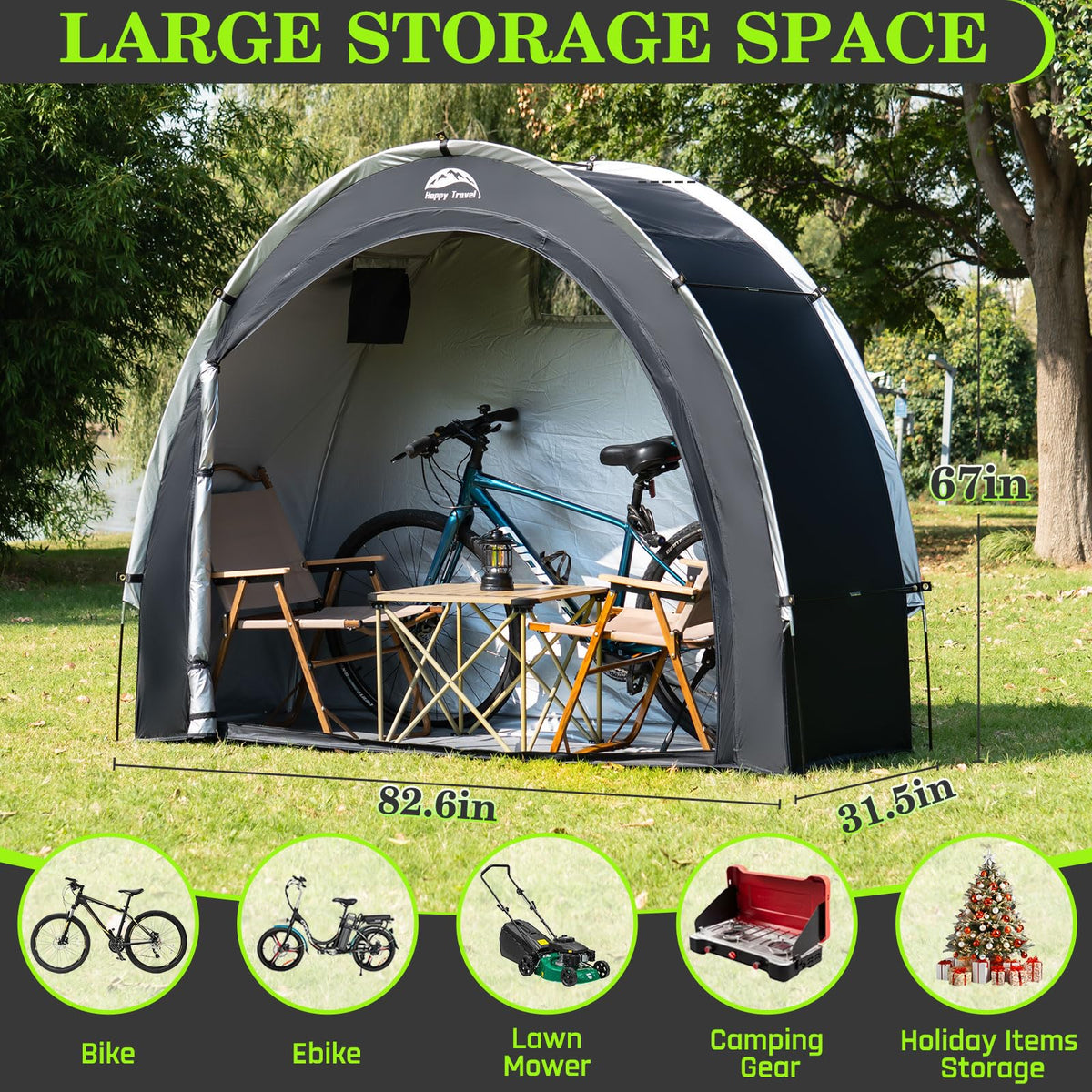 Happy Travel bike storage tent open door reveals roomy interior for multiple bicycles.