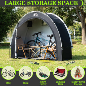 Happy Travel bike storage tent open door reveals roomy interior for multiple bicycles.