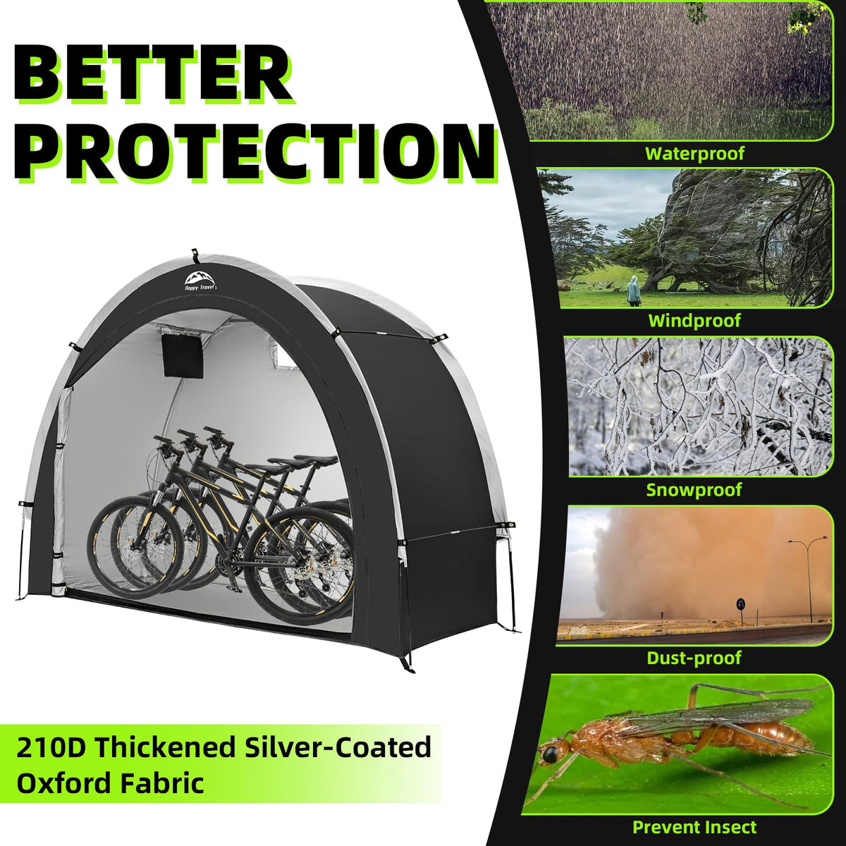 Happy Travel bike storage tent in backyard organizes tools and lawn mower efficiently.