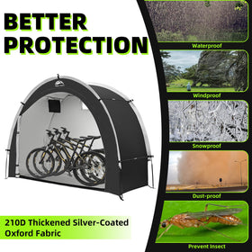 Happy Travel bike storage tent in backyard organizes tools and lawn mower efficiently.