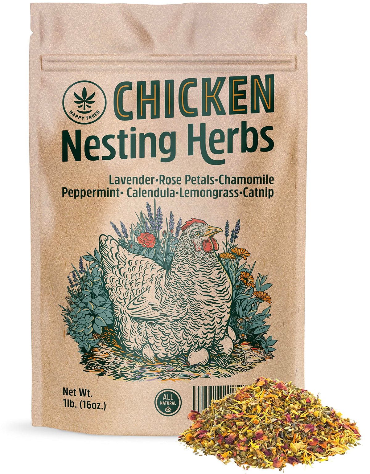Happy Trees Chicken Nesting Herbs bag front view showing seven premium dried herbs for hens