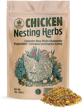 Happy Trees Chicken Nesting Herbs bag front view showing seven premium dried herbs for hens