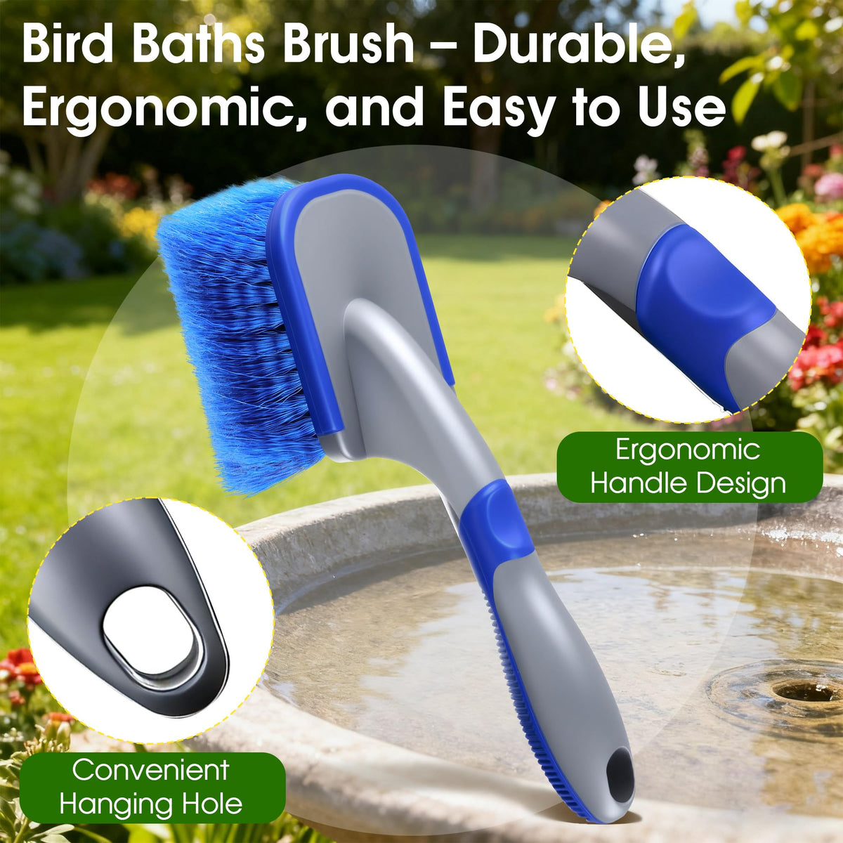 HappyAlley Compact brush head reaches tight corners for deep bird bath cleaning.