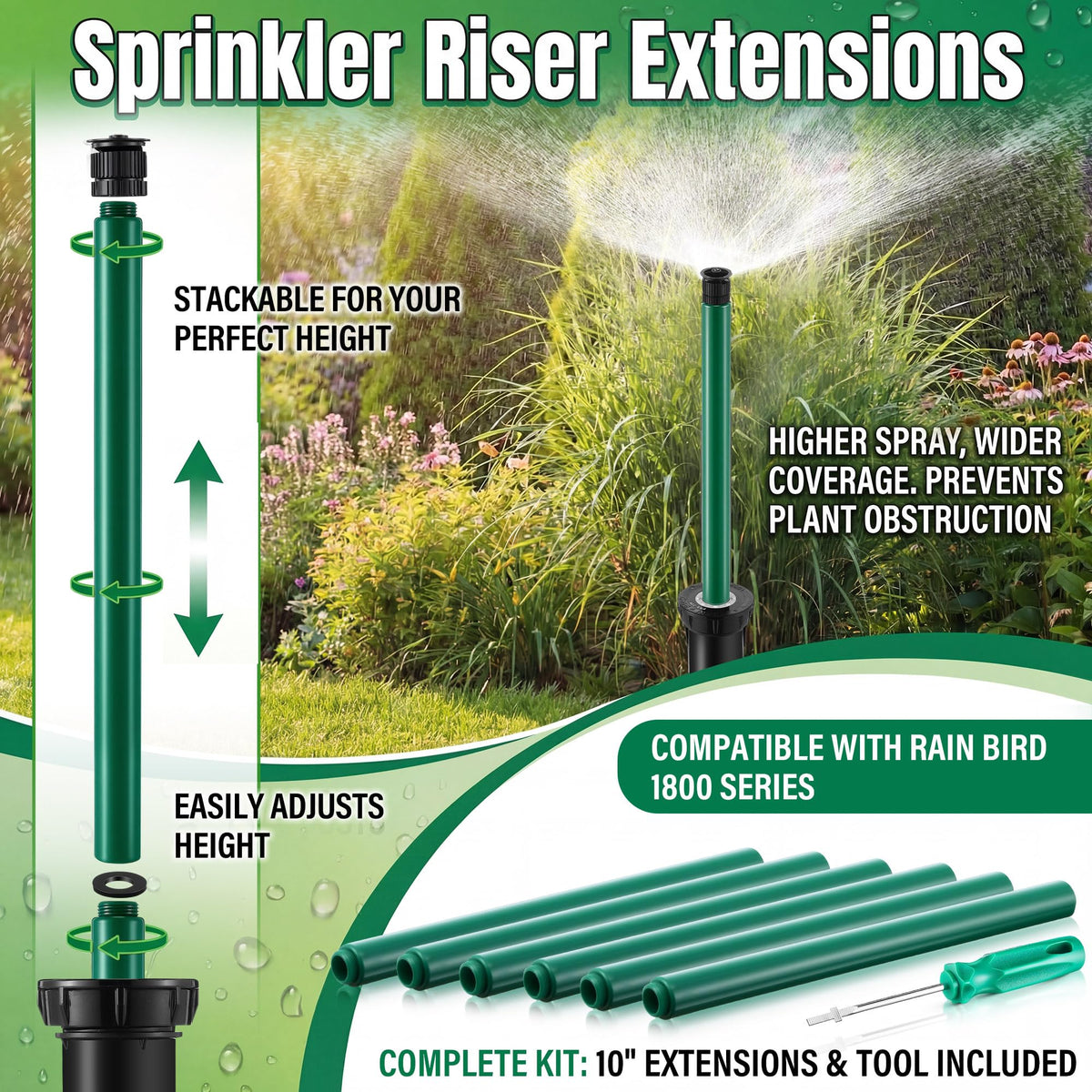 HappyAlley green riser assembly shown for durable outdoor irrigation