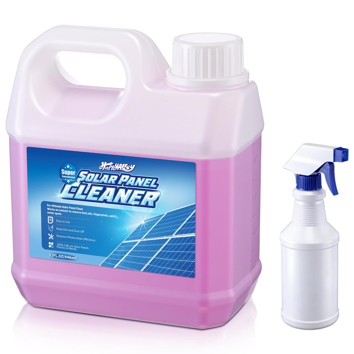 HappyAlley solar panel cleaner bottle for easy maintenance and clearer sunlight exposure.