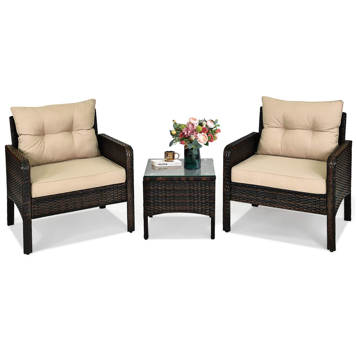 HappyGRILL 3-piece patio set with cushioned chairs for comfortable outdoor lounging.