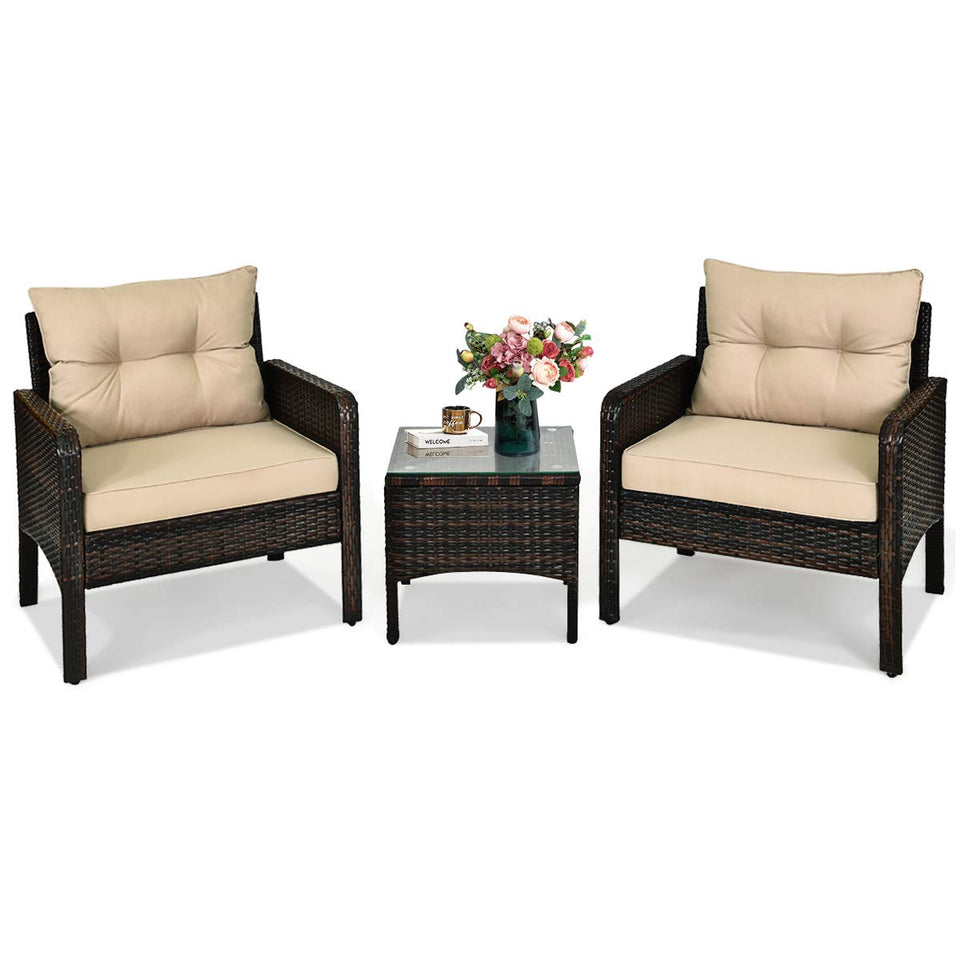 HappyGRILL 3-piece patio set with cushioned chairs for comfortable outdoor lounging.