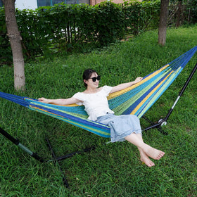 HappyPicnic hammock in backyard setting, ideal for outdoor lounging with family.