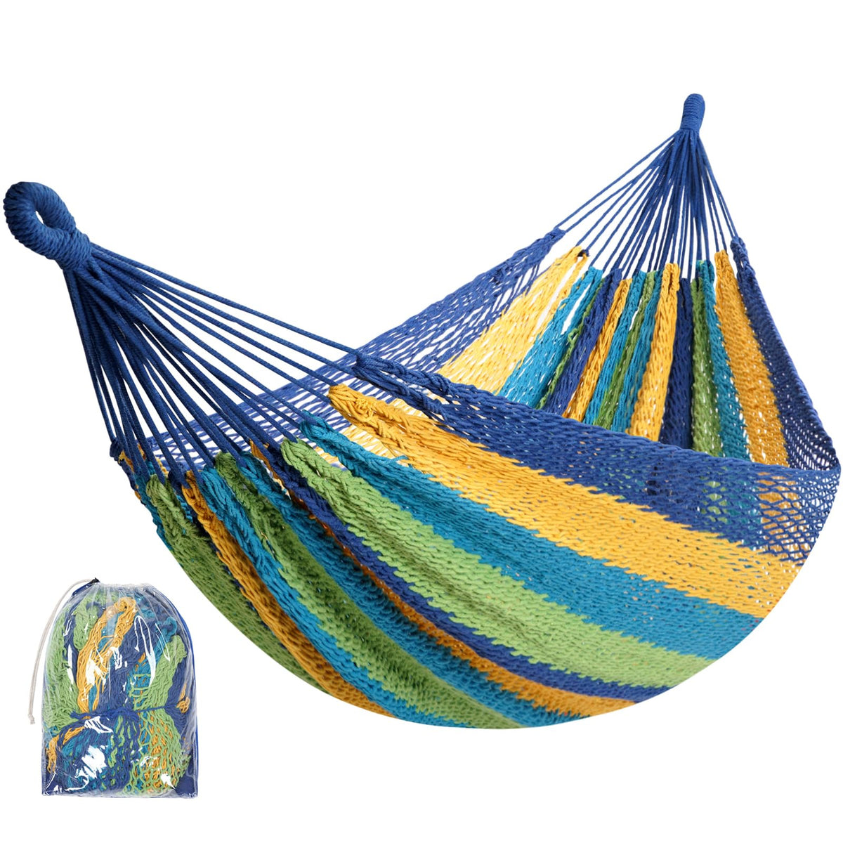 HappyPicnic Mayan hammock unfolded outdoors, showcasing generous 2-person bed for shared relaxation.