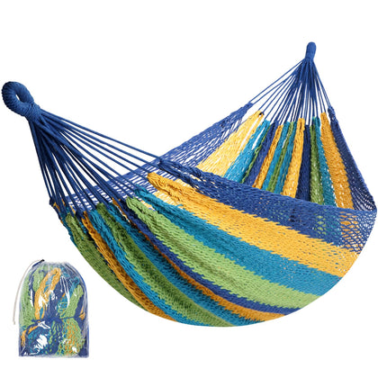 HappyPicnic Mayan hammock unfolded outdoors, showcasing generous 2-person bed for shared relaxation.